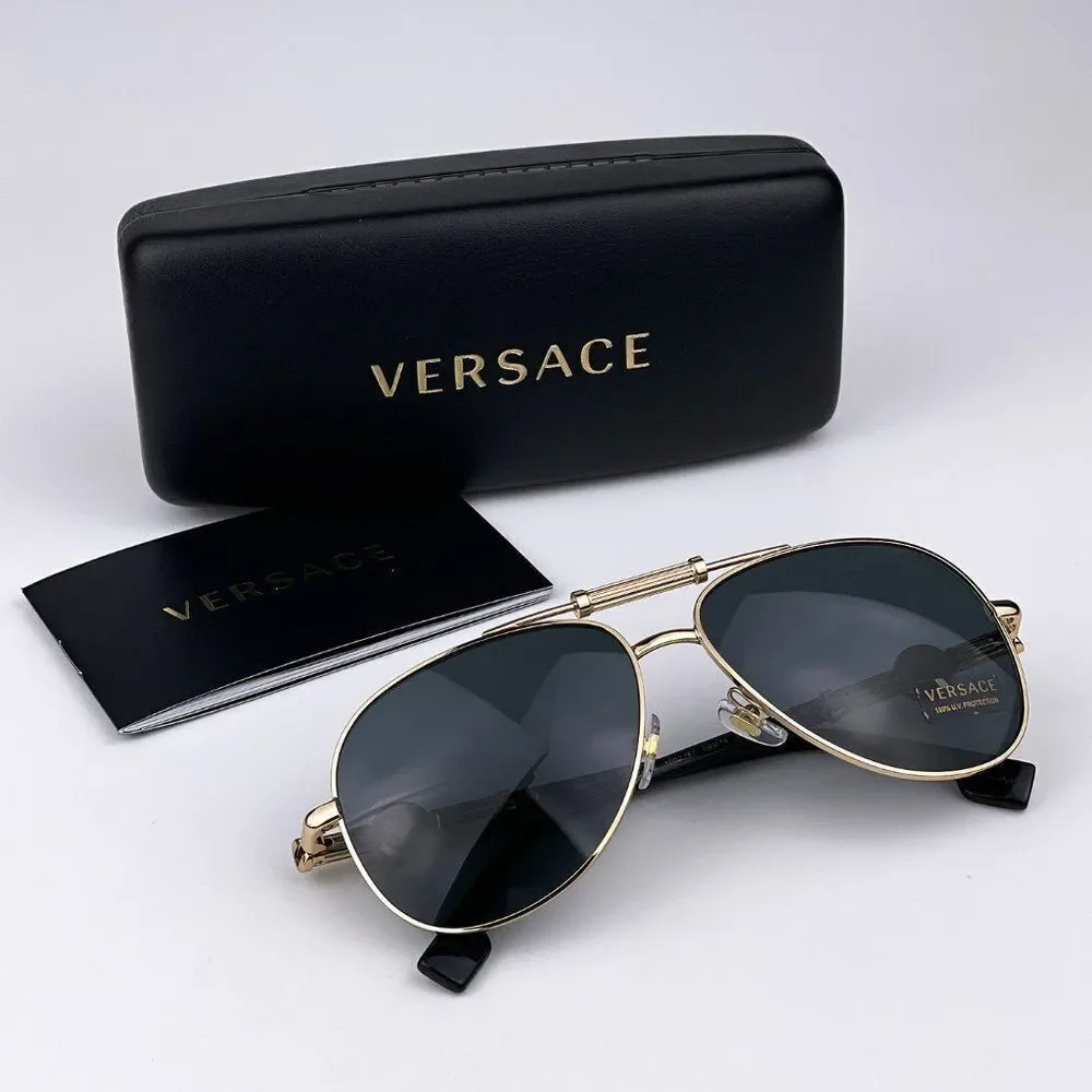 NEW Versace VE2236 100287 Gold Dark Gray Pilot Metal Unisex Sunglasses
